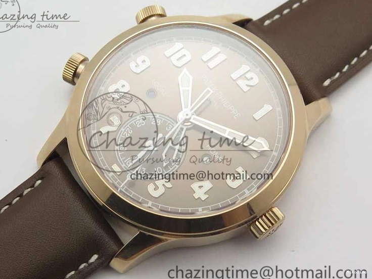 MIROTIME 0423 Calatrava 5524R Pilot Travel Time RG GRF Brown Dial on Brown Leather Strap MIYOTA TopPick 7155